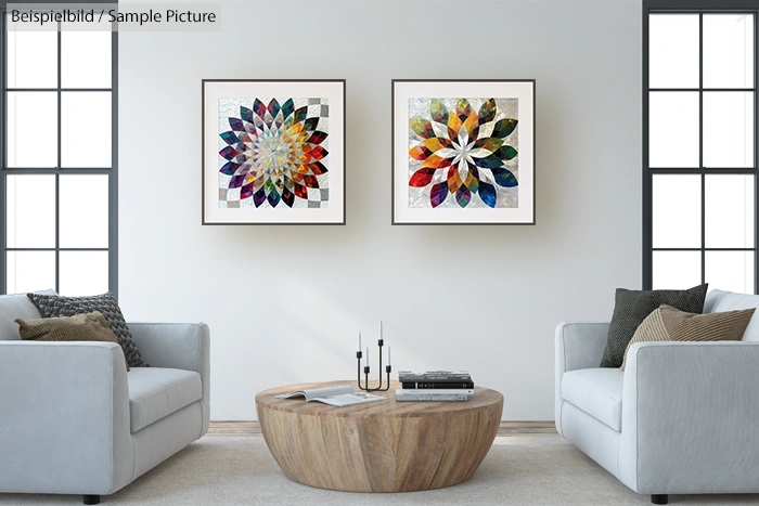 Modern living room with two gray sofas, a round wooden coffee table, and two colorful geometric artworks on the wall.