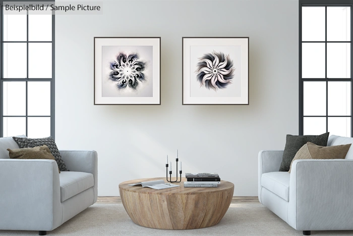 Modern living room with two abstract paintings, gray sofas, and a wooden coffee table under soft natural light.