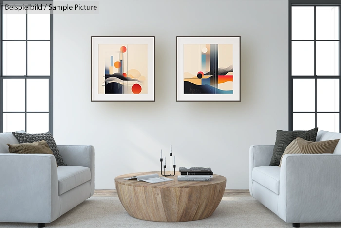 Modern living room with two abstract paintings, grey sofas, and round wooden coffee table.