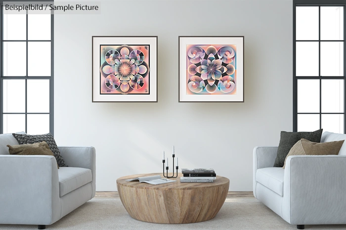 Modern living room with two abstract art pieces, white sofas, black cushions, and a wooden coffee table.