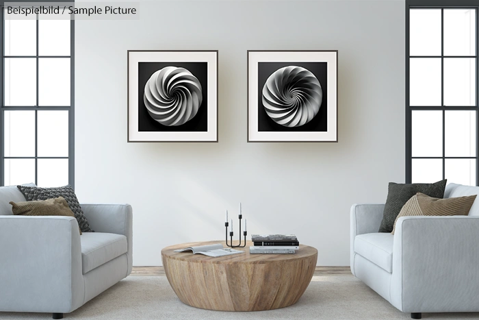 Modern living room with gray sofas, wooden coffee table, and two spiral art prints on the wall.