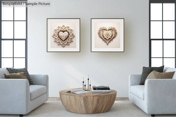 Modern living room with two framed heart artworks, gray sofas, and a round wooden coffee table.