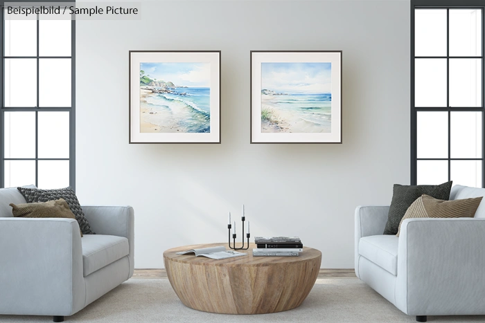 Modern living room with two white sofas, a round wooden coffee table, and two coastal landscape paintings on the wall.