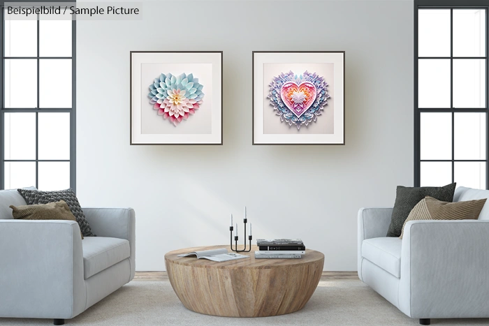 Modern living room with two floral heart artworks, gray sofas, and a round wooden coffee table with candles.