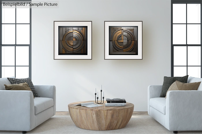 Modern living room with two abstract art pieces, wooden coffee table, and two gray sofas with cushions.