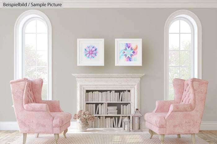 Elegant living room with pastel pink armchairs, a white fireplace, and colorful abstract art on gray walls.