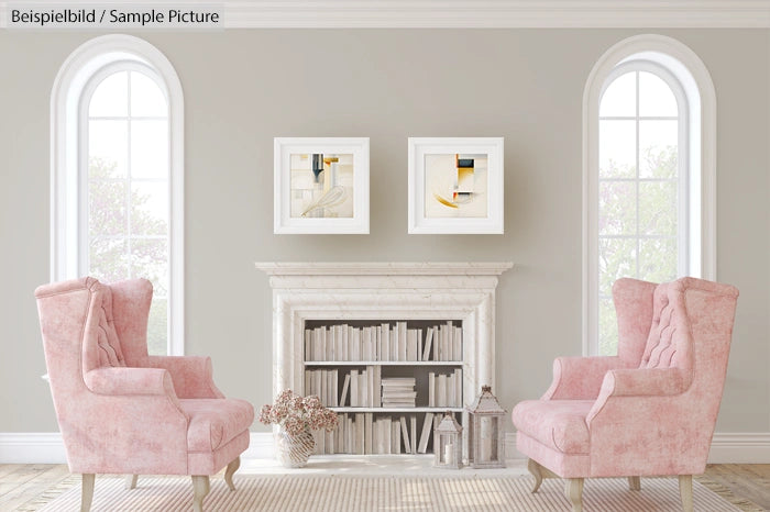 Elegant living room with two pink armchairs, gray walls, arched windows, and a white fireplace with bookshelf.