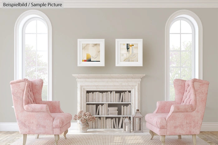 Elegant living room with pink armchairs, framed art, and a minimalist bookshelf under arched windows.