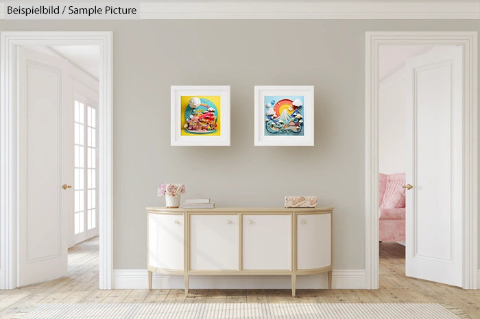 Modern living room with colorful artwork above a minimalist sideboard.