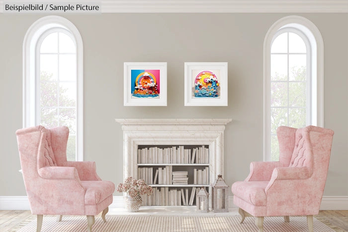 Elegant living room with pink armchairs, art above fireplace, and bookshelves filled with books.