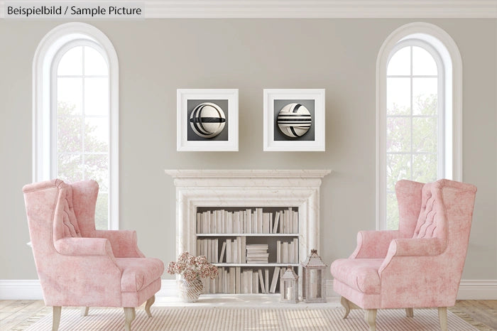 Elegant living room with pink armchairs, white fireplace, and framed abstract art above bookshelves.