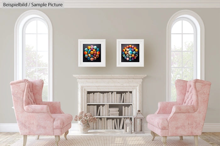 Elegant living room with pink armchairs, bookshelf, and artwork on wall.