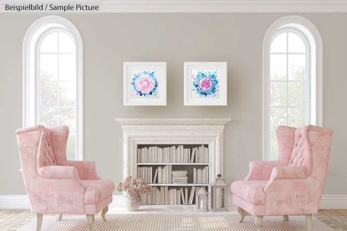 Elegant sitting area with two pink armchairs, white fireplace, and framed floral artwork on a light gray wall.