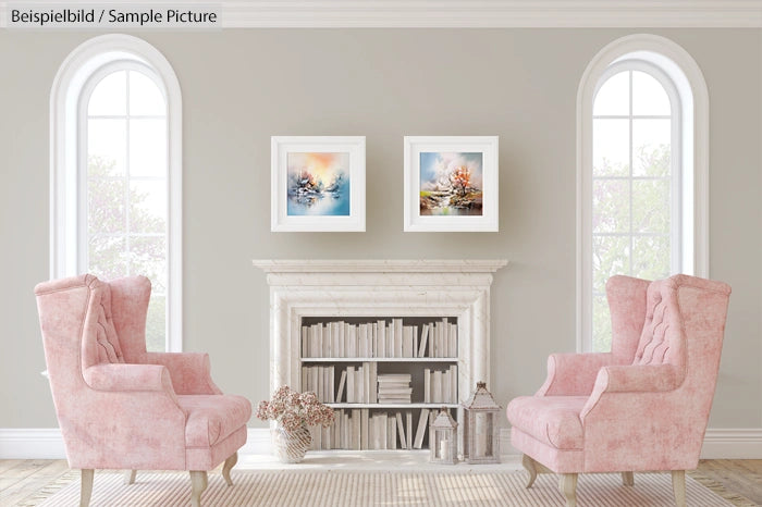 Elegant living room with pink chairs, white fireplace, and framed art on gray walls.