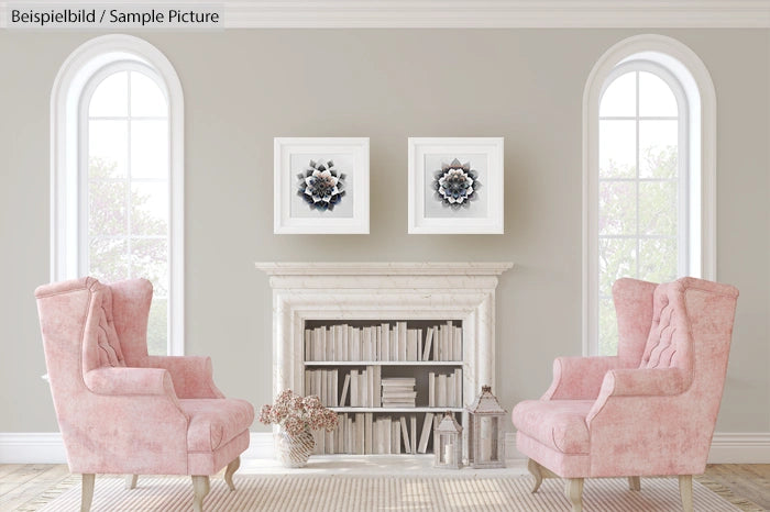 Elegant living room with pink armchairs, white bookshelves, and framed artwork on a light gray wall.