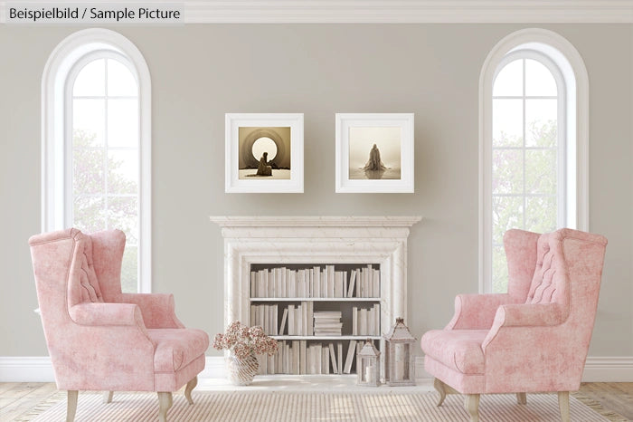 Elegant living room with two pink armchairs, a white fireplace, bookshelves, and framed art. Arched windows in the background.