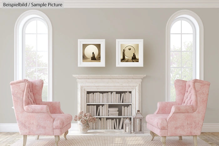 Elegant room with pink armchairs, minimalist decor, and abstract art on a gray wall.