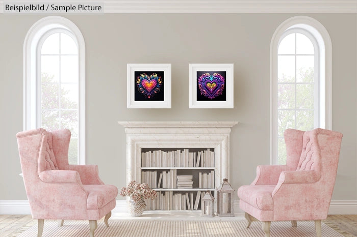 Elegant living room with pink chairs, a white fireplace, and colorful heart artworks on the wall.