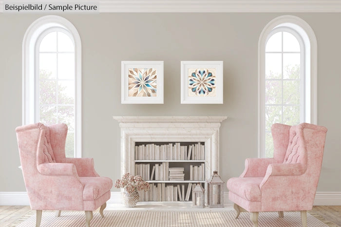 Elegant living room with pink armchairs, white fireplace, bookshelves, and floral artwork on a gray wall.