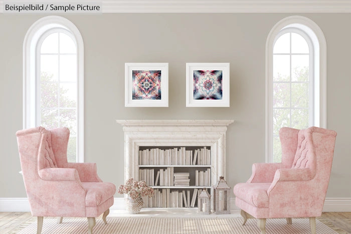 Elegant living room with pink chairs, geometric art on the wall, and a white bookshelf against a light gray background.