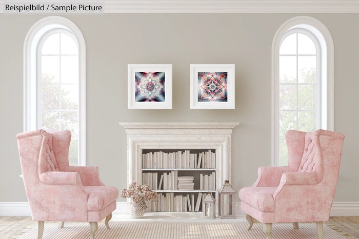 Elegant living room with pink armchairs, two abstract art pieces, arched windows, and a white bookshelf.