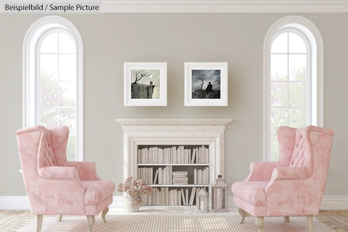 Elegant living room with pink armchairs, tall windows, artwork above a fireplace, and a shelf filled with books.