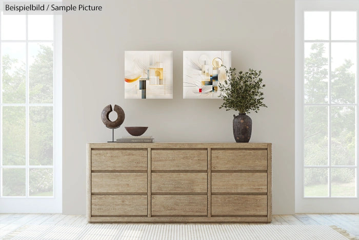 Minimalist living room with wooden dresser, abstract art on wall, and potted plant by large windows.