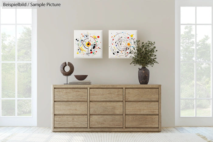 Modern minimalist living room with two abstract art pieces above a wooden sideboard, near large windows and a potted plant.