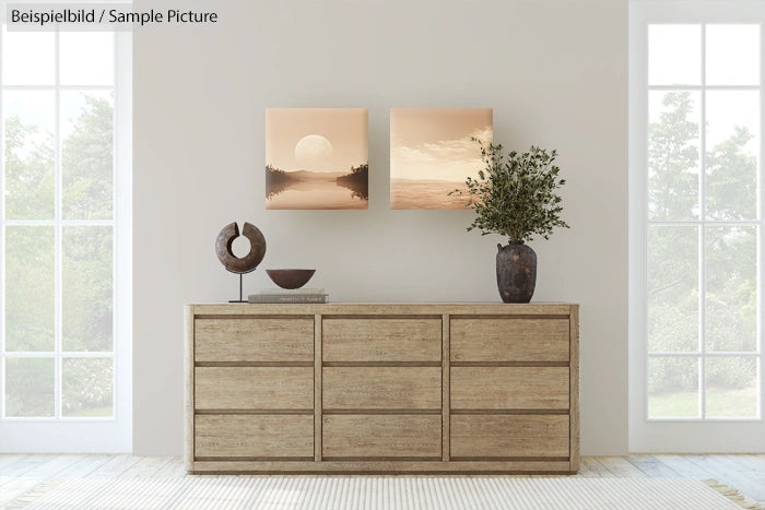 Modern living room with wooden dresser, two landscape paintings, and decorative items against a light-colored wall.