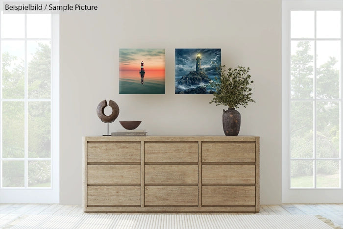 Wooden dresser with minimalist decor, featuring two framed lighthouse pictures on a wall between tall windows.