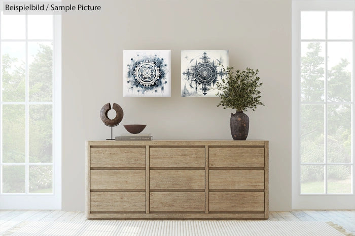 Modern living room with wooden dresser, abstract art on wall, and decorative vase with plant.