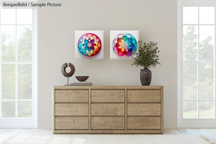 Minimalist room with wooden dresser, abstract colorful art, and decorative items against a light-colored wall.