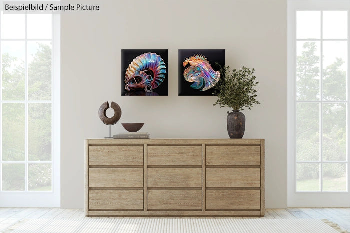 Modern living room with wooden dresser, abstract rainbow paintings, and decorative plants.