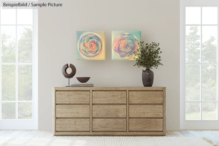 Minimalist interior with wooden dresser, abstract artwork, and plant in vase by large windows on a sunny day.