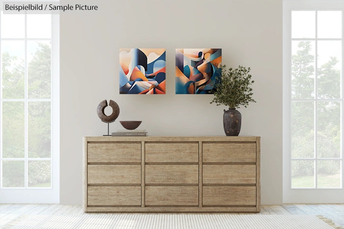 Minimalist living room with wooden dresser, abstract paintings, and potted plant, flanked by large windows.