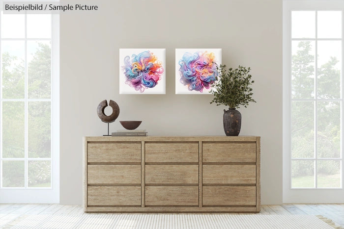 Modern living room with wooden dresser, abstract colorful art on wall, and decorative vase and sculpture.