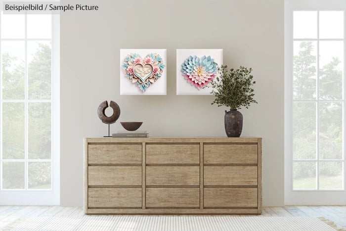 Minimalist living room with wooden dresser, floral heart wall art, potted plant, and decorative sculpture.