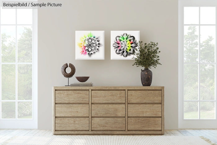 Modern living room with wooden dresser, two abstract floral artworks, and decorative items under tall windows.