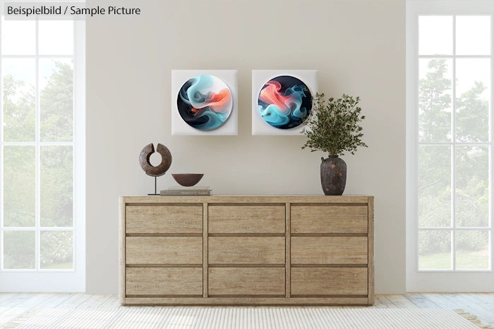 Minimalist room with wooden sideboard, modern art on wall, and decorative vases by large windows.