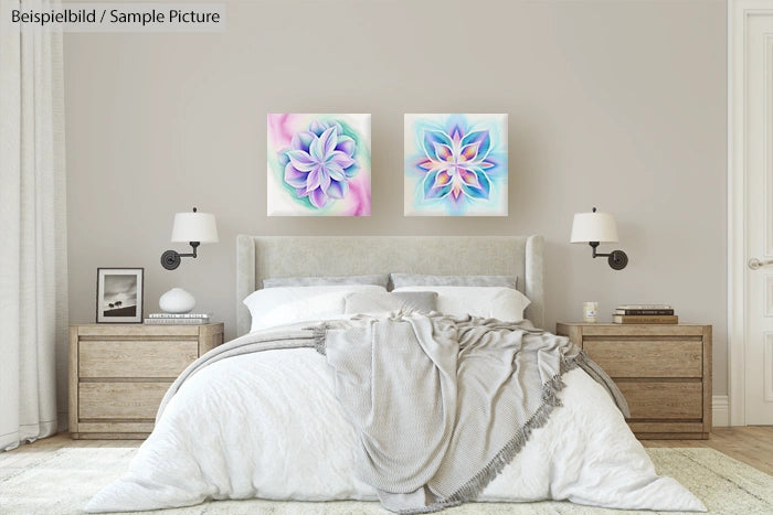 Modern bedroom with abstract floral art above bed, gray bedding, and wooden nightstands under wall sconces.