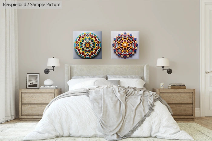 Modern bedroom with beige decor, twin multicolored mandala art above bed, gray bedding, and wooden nightstands.