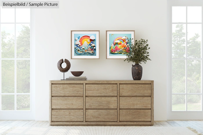 Minimalist living room with wooden dresser, abstract art, decorative sculpture, and a potted plant.