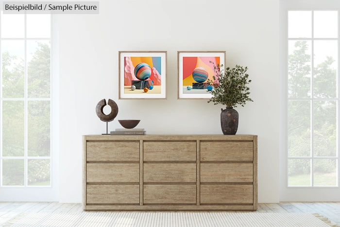 Modern room with wooden dresser, abstract art on walls, and potted plant.