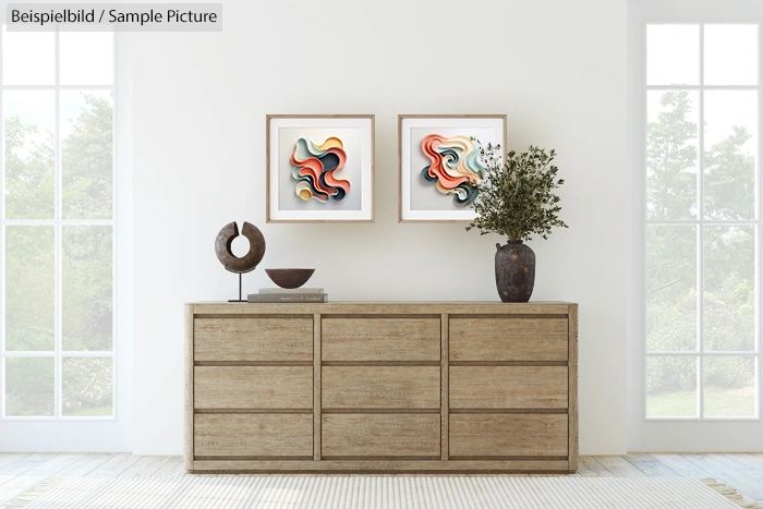 Modern living room with wooden dresser, abstract wall art, and decorative vase.