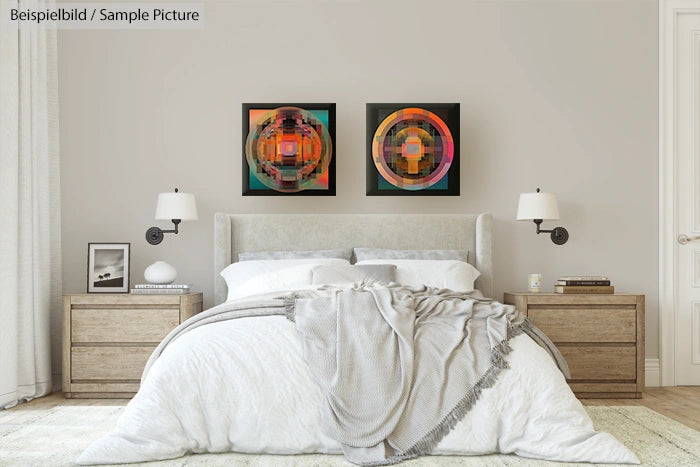 Modern bedroom with a white bed, wooden nightstands, and colorful geometric art on beige walls.