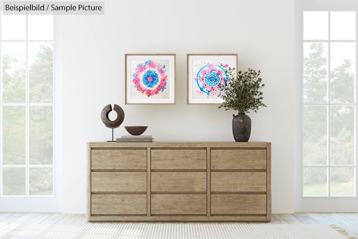 Wooden sideboard with modern art prints and decorative vases in a bright, minimalist room.