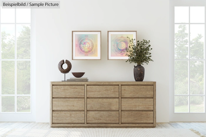 Minimalist room with wooden dresser, decorative vase, sculpture, and two abstract paintings, natural light through windows.