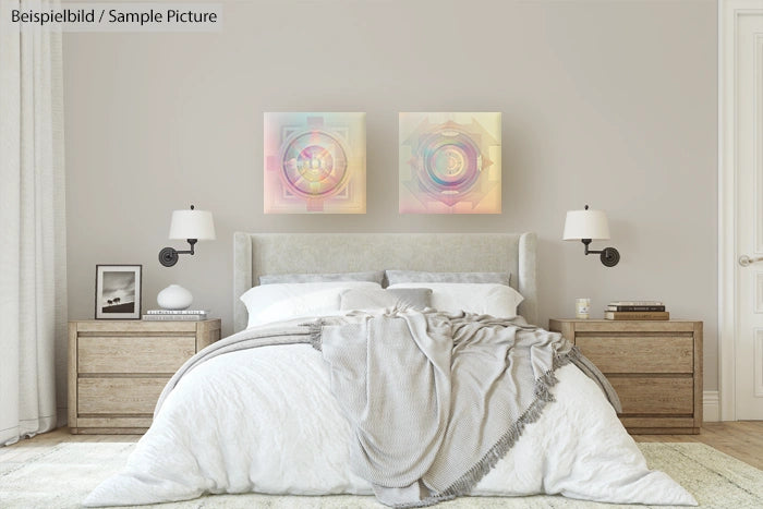 Modern bedroom with wooden bed frame, two abstract art pieces, gray throw blanket, and wall-mounted lamps.