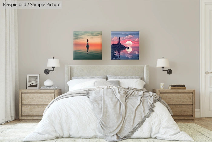 Modern bedroom with white bed, wooden nightstands, wall lamps, and two abstract paintings of sunsets on the wall.