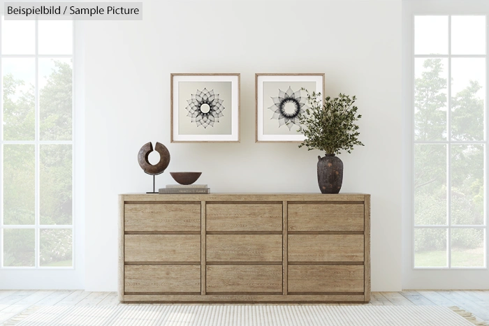 Minimalist room with wooden dresser, two framed artworks, and a vase of greenery against a white wall.